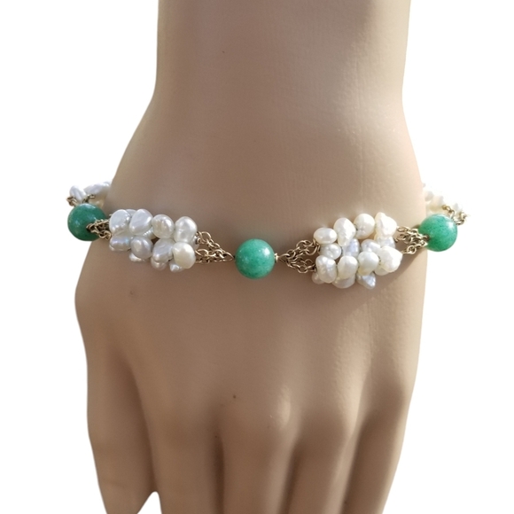 14K YELLOW GOLD WITH GENUINE JADE & BAROQUE PEARLS VINTAGE BRACELET - Picture 1 of 6